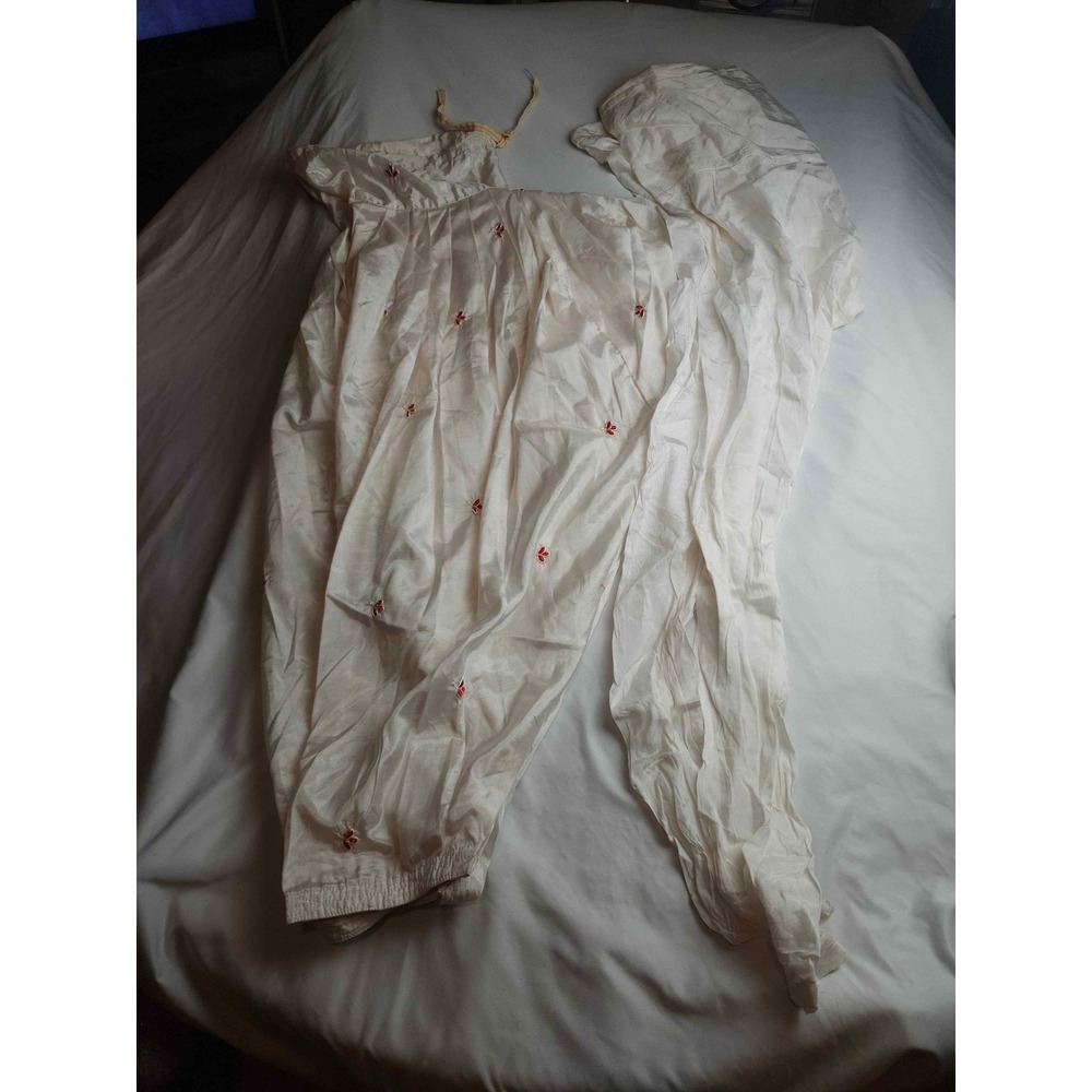 Vintage White Silk Embroidered Harem Pants Red Floral Boho Trousers Womens Large